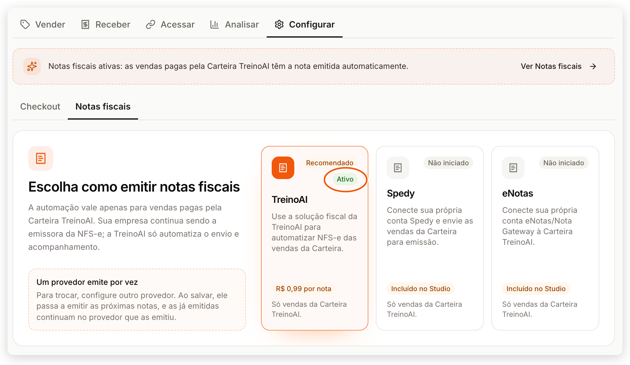 Aba Notas fiscais em Vendas > Configurar com o cartão TreinoAI marcado como Ativo e o aviso de que as vendas pagas pela Carteira têm a nota emitida automaticamente