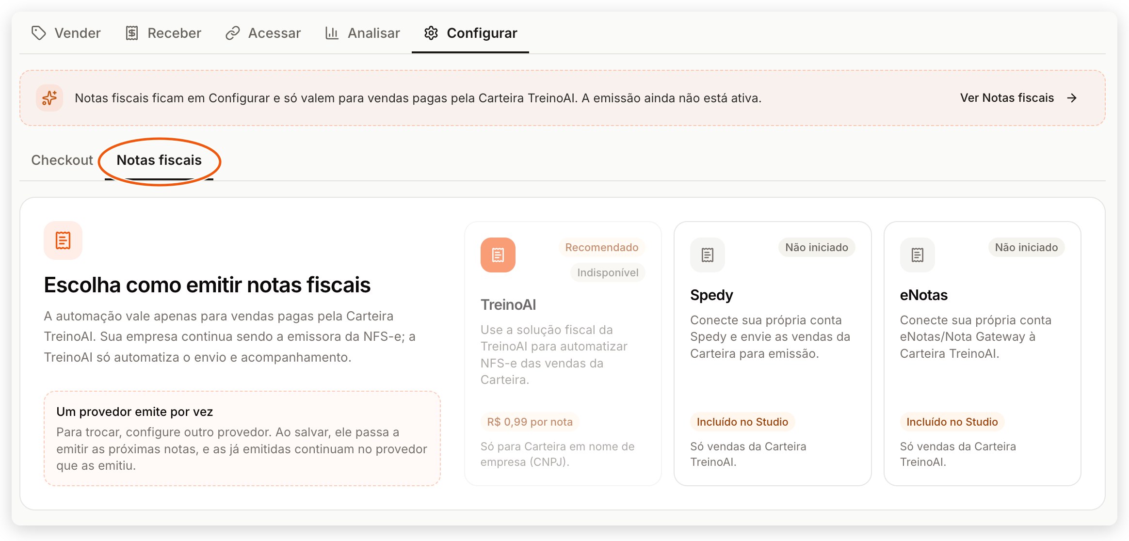 Aba Notas fiscais em Vendas > Configurar com os cartões TreinoAI, Spedy e eNotas antes da configuração