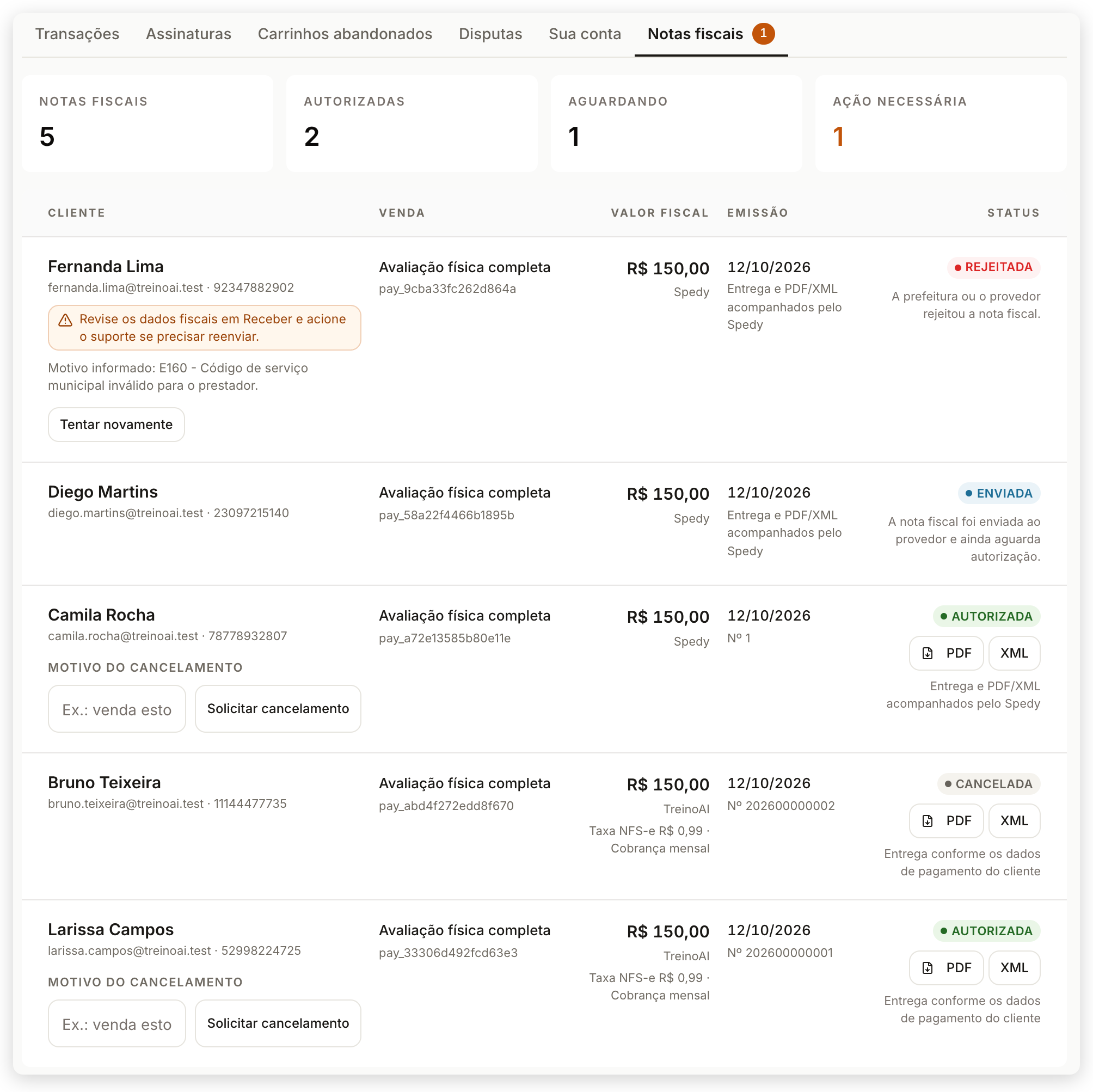 Aba Notas fiscais em Vendas > Receber com cinco notas: uma Rejeitada com o Motivo informado e o botão Tentar novamente, uma Enviada aguardando autorização, duas Autorizadas com PDF, XML e o campo de cancelamento, e uma Cancelada