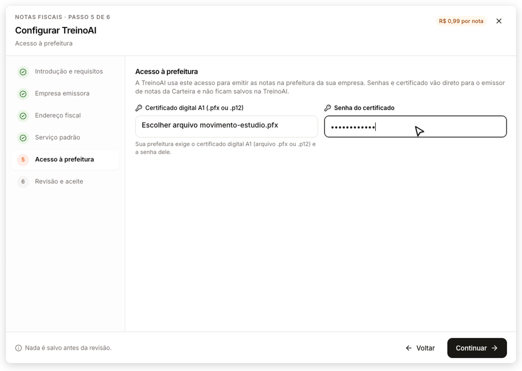 Etapa Acesso à prefeitura do assistente da TreinoAI com o arquivo do certificado digital escolhido e a senha do certificado preenchida