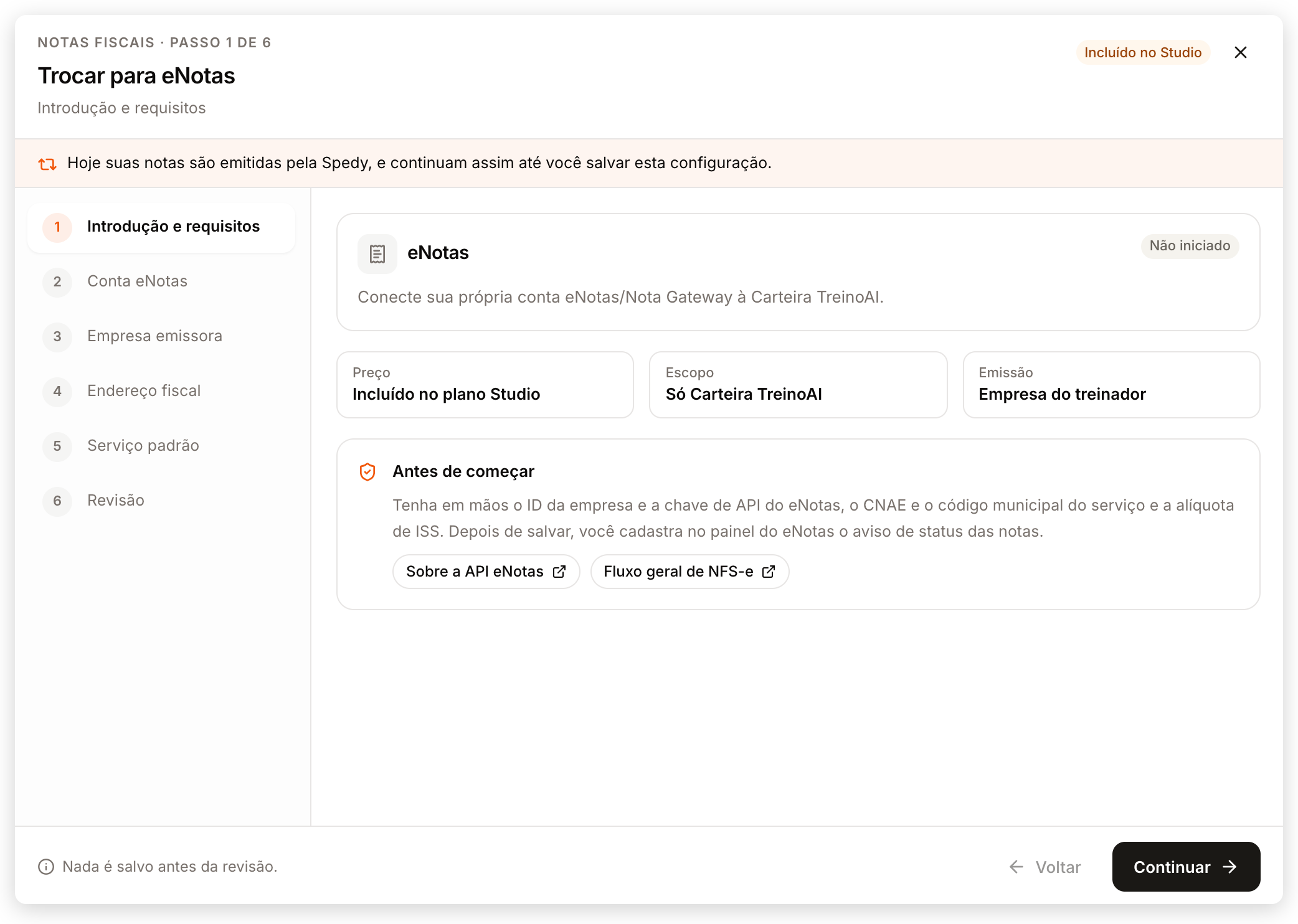 Primeira etapa do assistente Trocar para eNotas com o aviso de que as notas continuam sendo emitidas pela Spedy até salvar