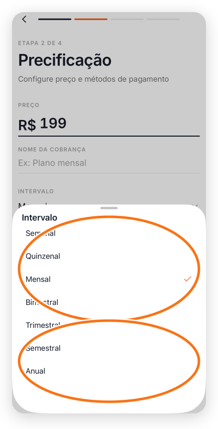 Intervalos de cobrança recorrente disponíveis ao configurar um preço no app