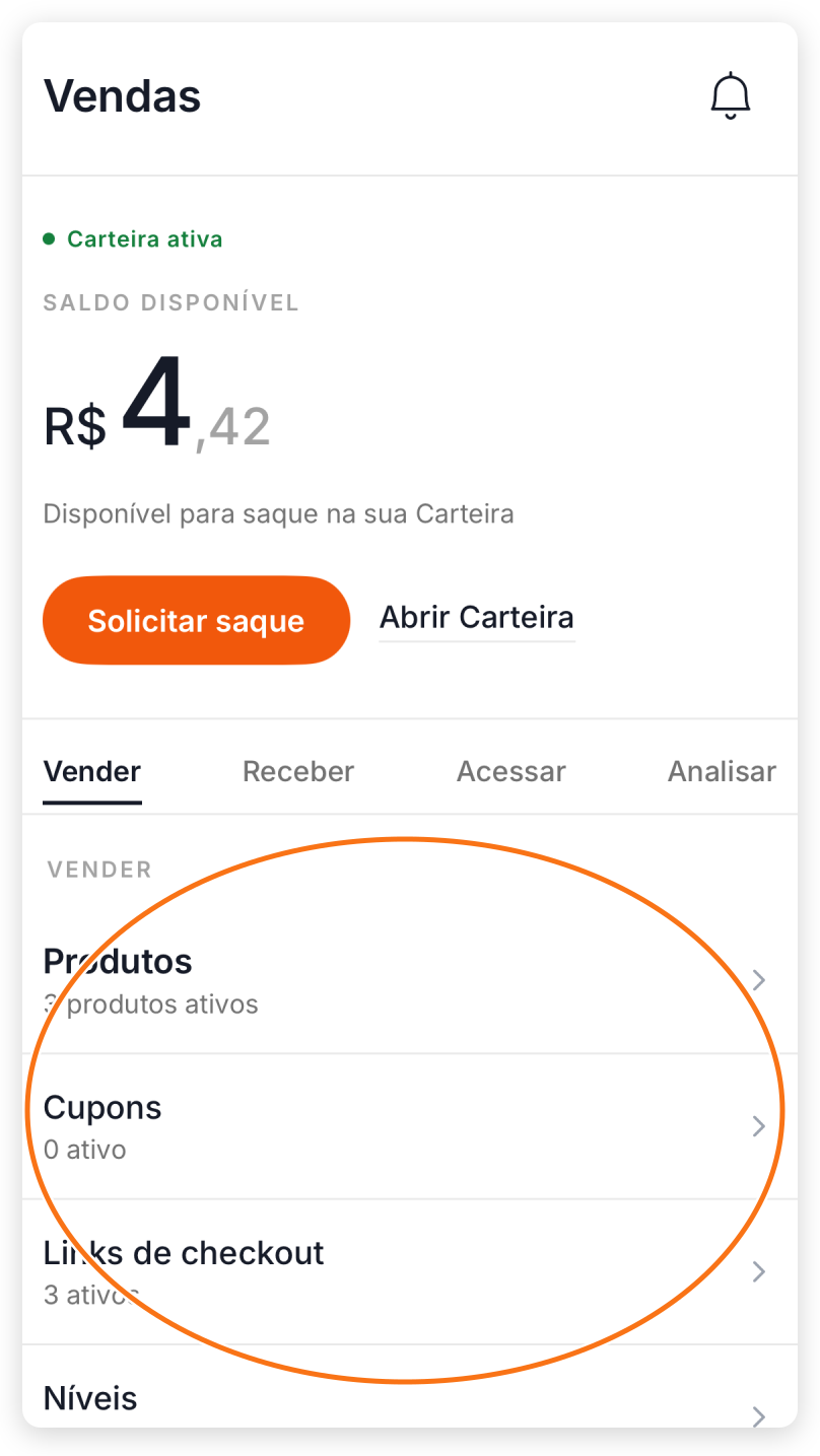 Área de Vendas no app com as principais opções para publicar uma oferta